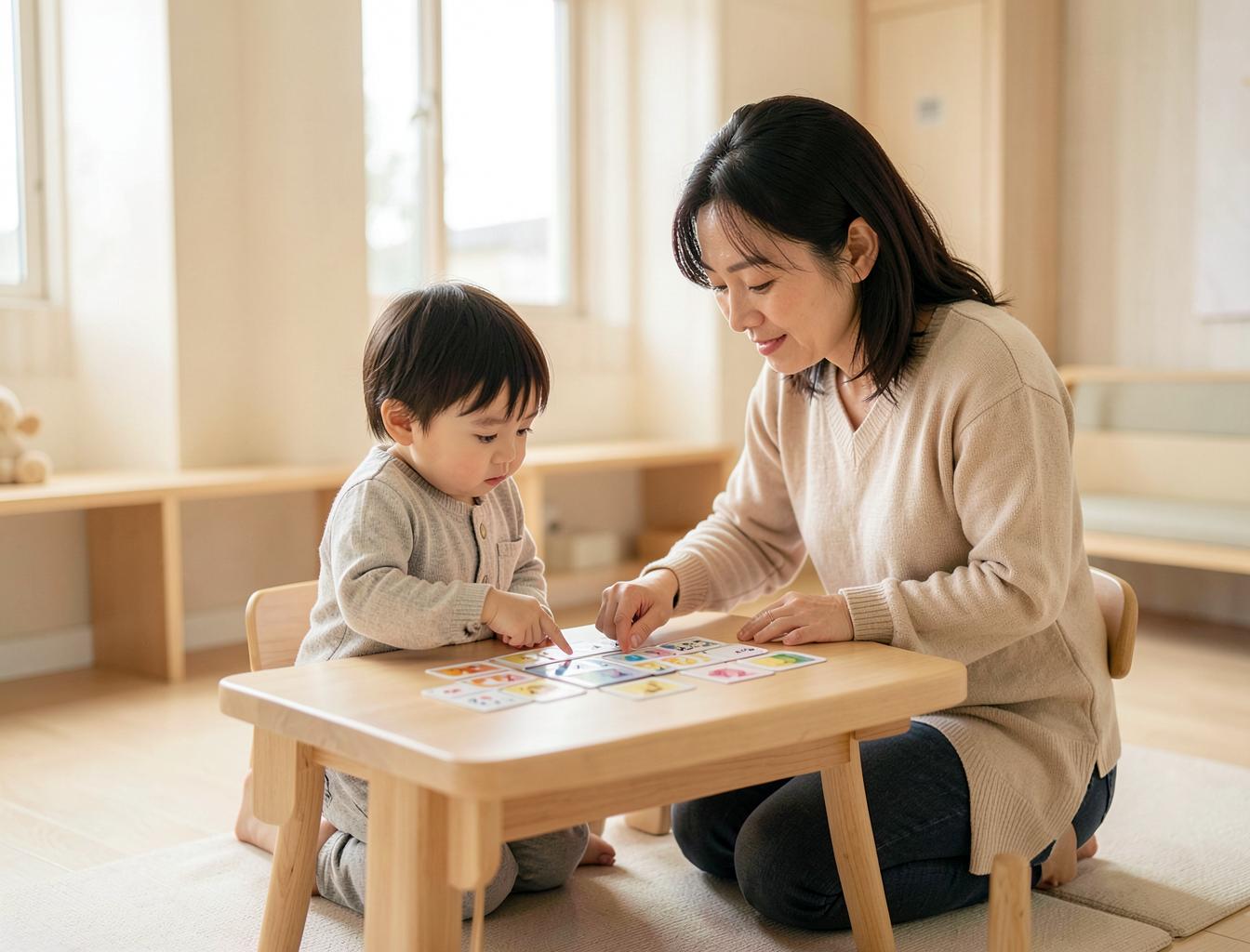 퍼스트Q ABA발달센터 치료사와 아동이 그림 의사소통 카드로 수업하는 모습